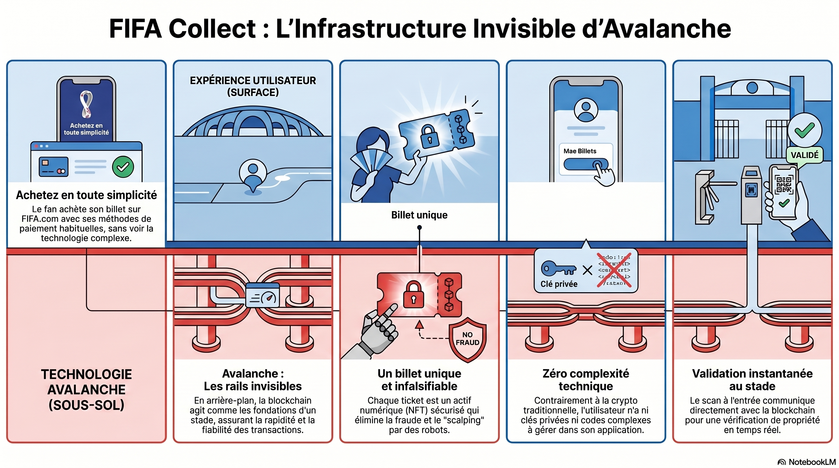 Schéma de l&rsquo;infrastructure blockchain Avalanche utilisée par FIFA Collect pour rendre la billetterie plus fluide.