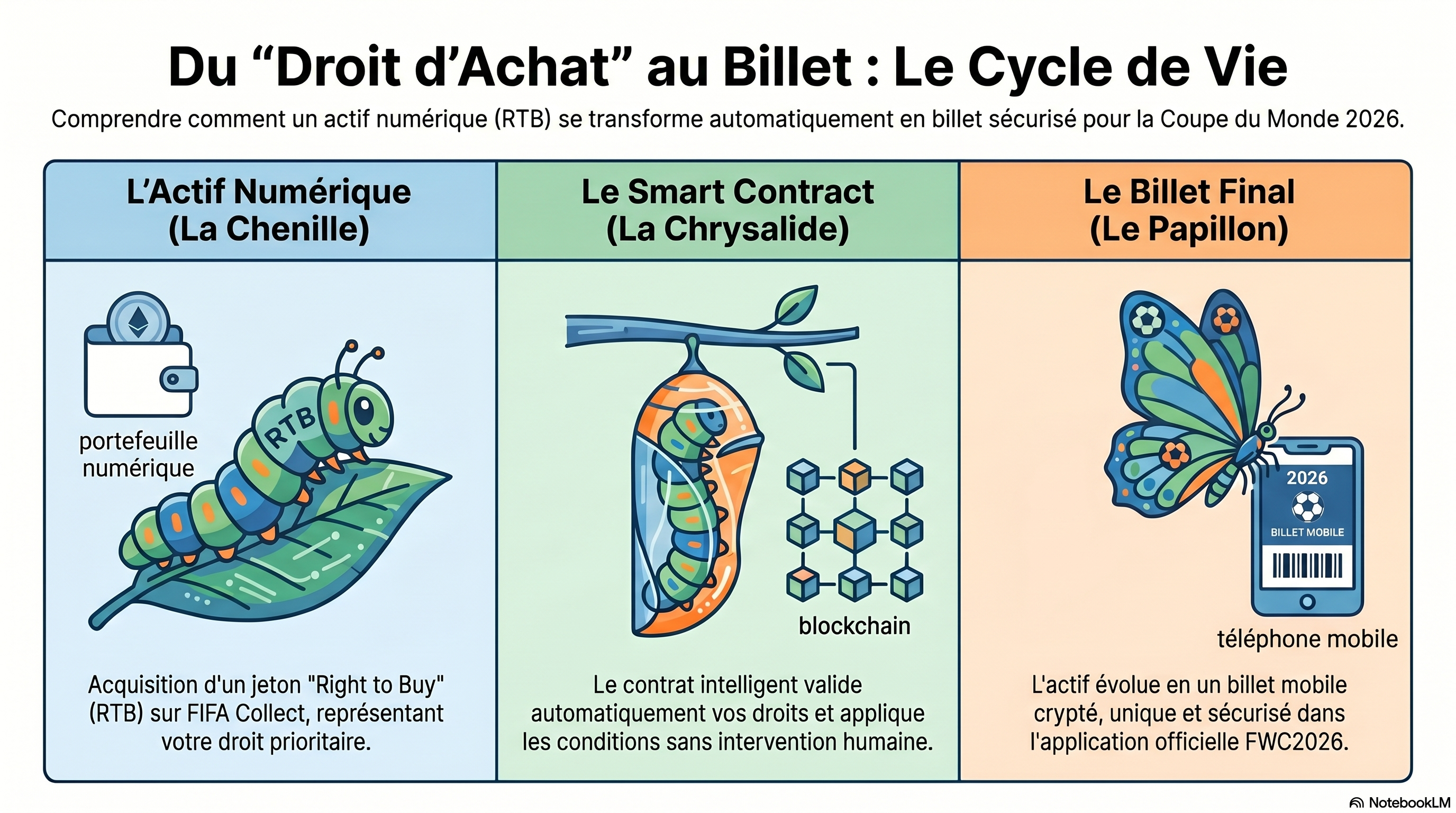 Processus de transformation d&rsquo;un droit RTB ou RTT en billet de match via un contrat intelligent.