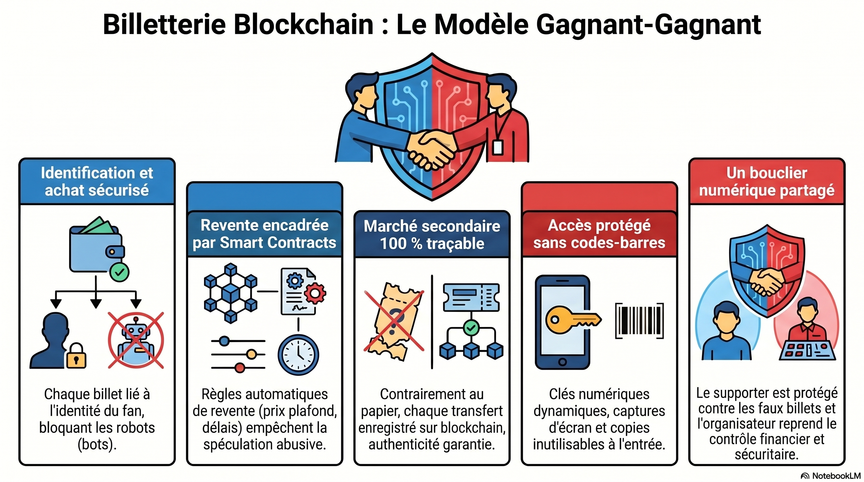 Tableau des bénéfices mutuels de la billetterie blockchain pour les fans, la FIFA et le marché secondaire.